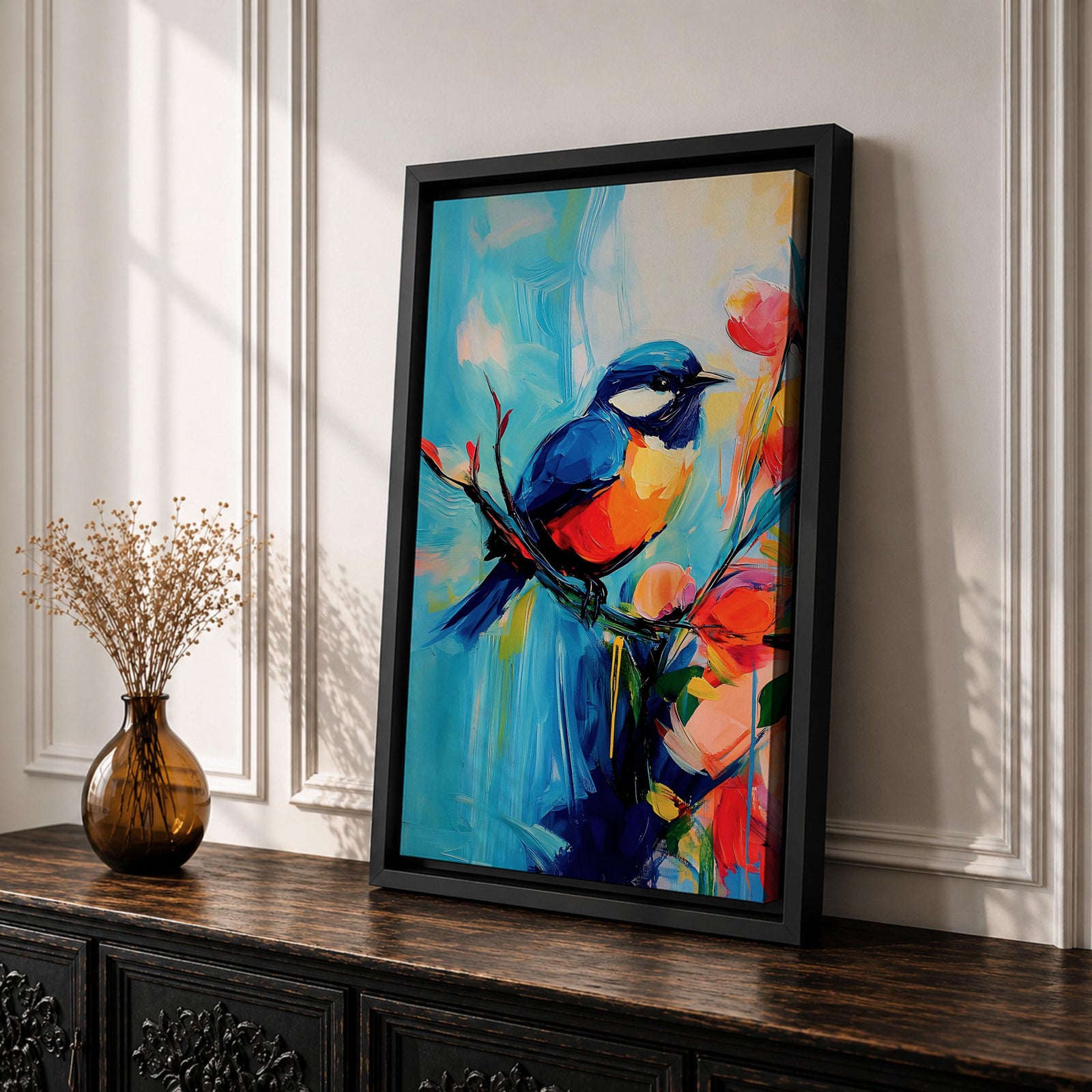 A vibrant abstract painting of a bird perched on a branch surrounded by colorful flowers. The artwork features bold brushstrokes and a dynamic composition emphasizing the bird’s blue and orange plumage against a bright, painterly background.