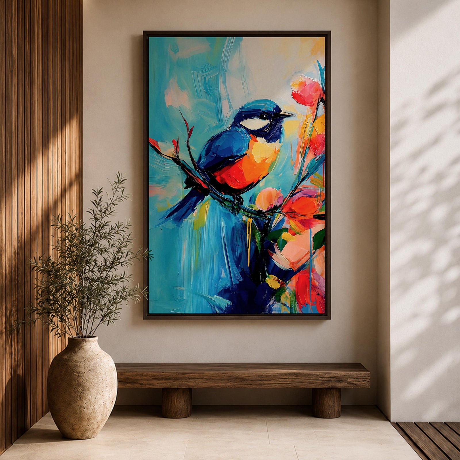 A vibrant abstract painting of a bird perched on a branch surrounded by colorful flowers. The artwork features bold brushstrokes and a dynamic composition emphasizing the bird’s blue and orange plumage against a bright, painterly background.