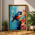 A vibrant abstract painting of a bird perched on a branch surrounded by colorful flowers. The artwork features bold brushstrokes and a dynamic composition emphasizing the bird’s blue and orange plumage against a bright, painterly background.