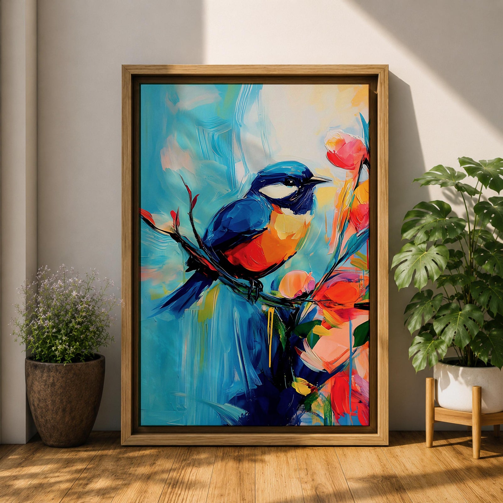 A vibrant abstract painting of a bird perched on a branch surrounded by colorful flowers. The artwork features bold brushstrokes and a dynamic composition emphasizing the bird’s blue and orange plumage against a bright, painterly background.