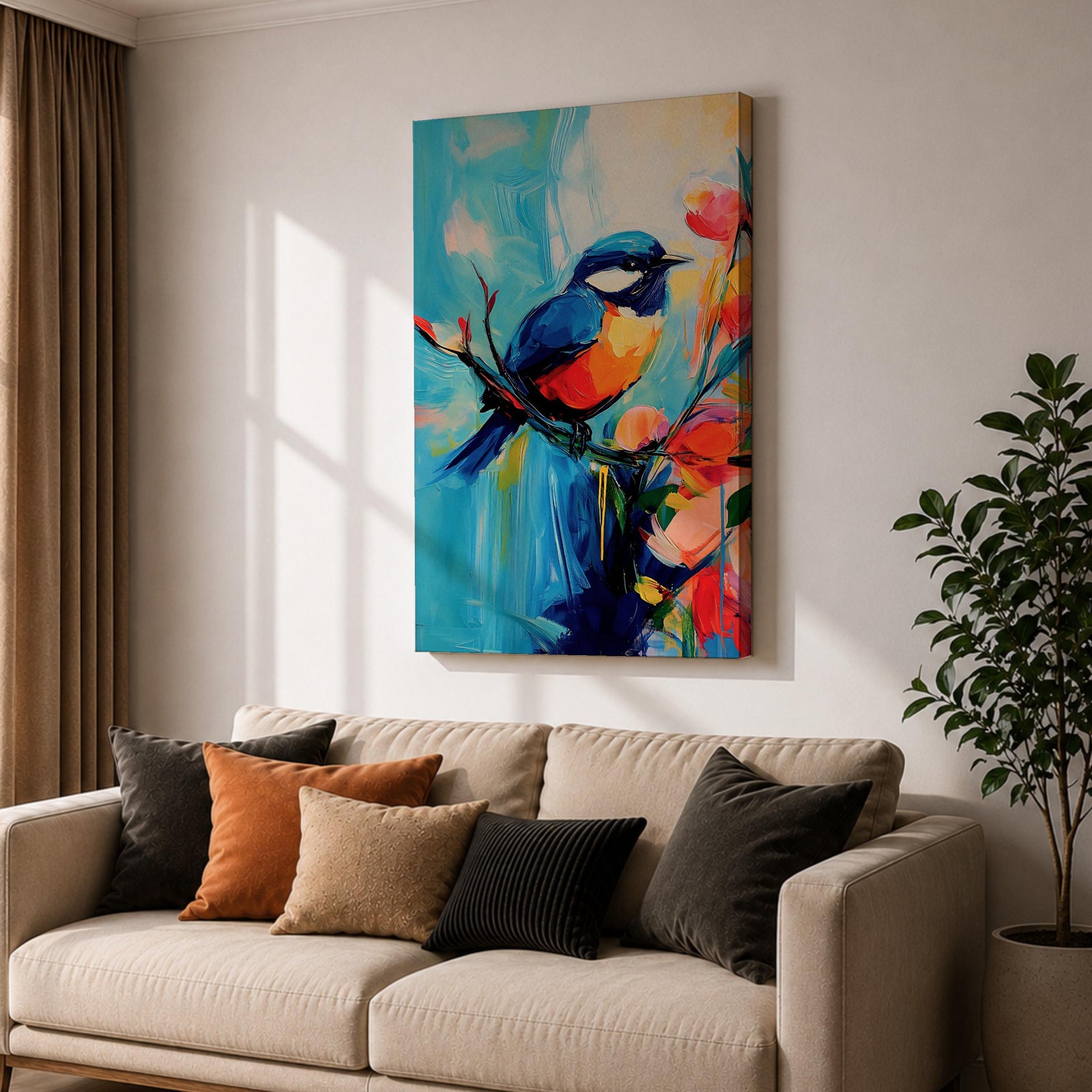 A vibrant abstract painting of a bird perched on a branch surrounded by colorful flowers. The artwork features bold brushstrokes and a dynamic composition emphasizing the bird’s blue and orange plumage against a bright, painterly background.