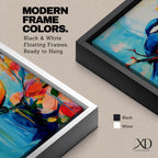 A vibrant abstract painting of a bird perched on a branch surrounded by colorful flowers. The artwork features bold brushstrokes and a dynamic composition emphasizing the bird’s blue and orange plumage against a bright, painterly background.