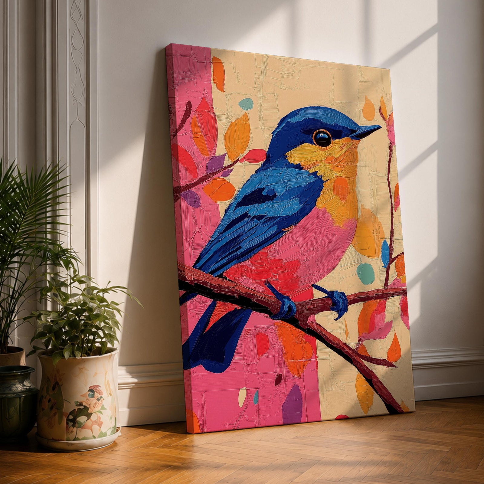 A vibrant impasto oil painting of a colorful bird perched on a branch, featuring bold textured brushstrokes and a lively palette of blues, pinks, and oranges with abstract leaf shapes in the background, capturing the essence of a songbird in nature.