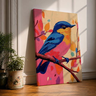 A vibrant impasto oil painting of a colorful bird perched on a branch, featuring bold textured brushstrokes and a lively palette of blues, pinks, and oranges with abstract leaf shapes in the background, capturing the essence of a songbird in nature.