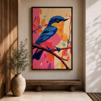A vibrant impasto oil painting of a colorful bird perched on a branch, featuring bold textured brushstrokes and a lively palette of blues, pinks, and oranges with abstract leaf shapes in the background, capturing the essence of a songbird in nature.