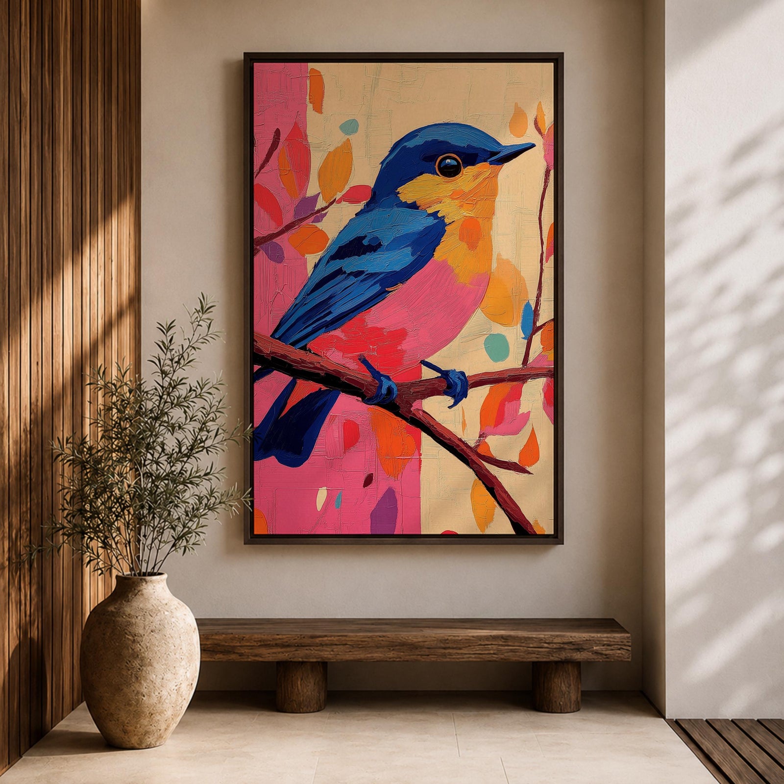 A vibrant impasto oil painting of a colorful bird perched on a branch, featuring bold textured brushstrokes and a lively palette of blues, pinks, and oranges with abstract leaf shapes in the background, capturing the essence of a songbird in nature.