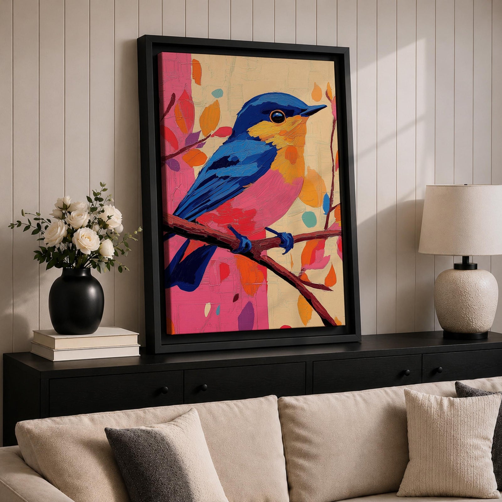 A vibrant impasto oil painting of a colorful bird perched on a branch, featuring bold textured brushstrokes and a lively palette of blues, pinks, and oranges with abstract leaf shapes in the background, capturing the essence of a songbird in nature.