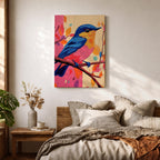 A vibrant impasto oil painting of a colorful bird perched on a branch, featuring bold textured brushstrokes and a lively palette of blues, pinks, and oranges with abstract leaf shapes in the background, capturing the essence of a songbird in nature.