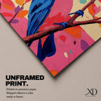 A vibrant impasto oil painting of a colorful bird perched on a branch, featuring bold textured brushstrokes and a lively palette of blues, pinks, and oranges with abstract leaf shapes in the background, capturing the essence of a songbird in nature.