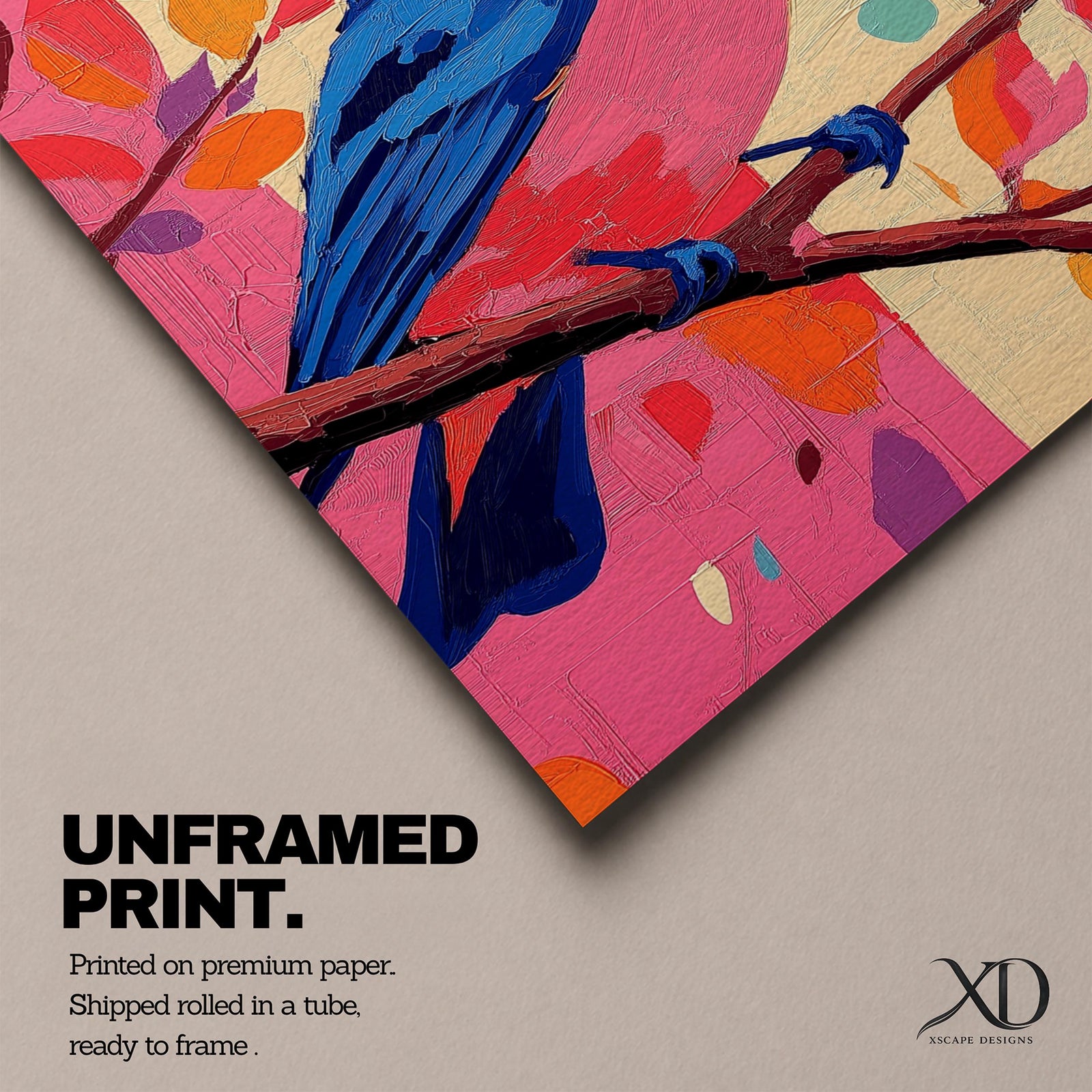 A vibrant impasto oil painting of a colorful bird perched on a branch, featuring bold textured brushstrokes and a lively palette of blues, pinks, and oranges with abstract leaf shapes in the background, capturing the essence of a songbird in nature.