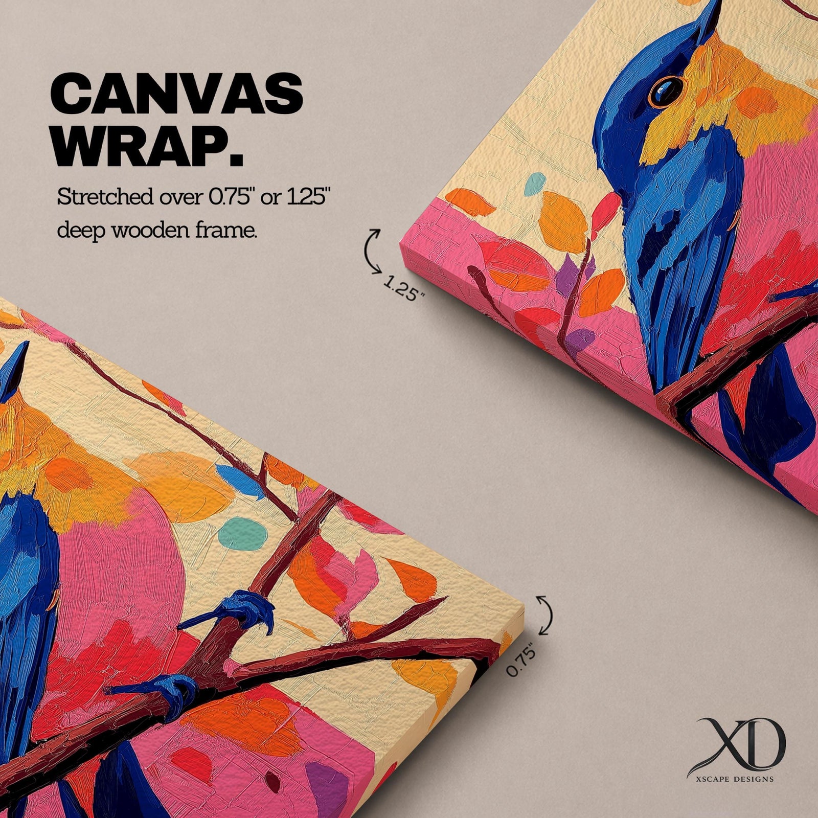 A vibrant impasto oil painting of a colorful bird perched on a branch, featuring bold textured brushstrokes and a lively palette of blues, pinks, and oranges with abstract leaf shapes in the background, capturing the essence of a songbird in nature.