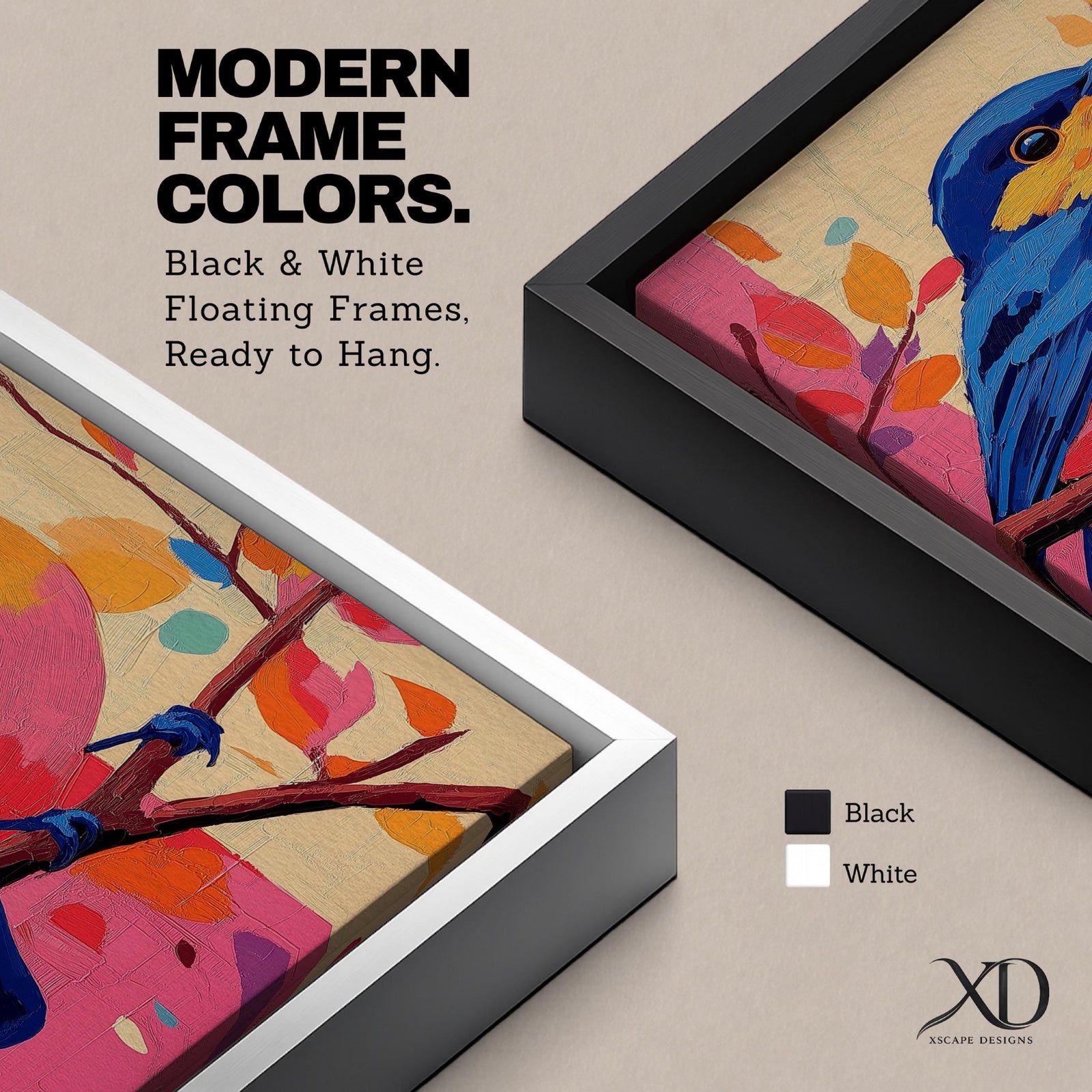 A vibrant impasto oil painting of a colorful bird perched on a branch, featuring bold textured brushstrokes and a lively palette of blues, pinks, and oranges with abstract leaf shapes in the background, capturing the essence of a songbird in nature.