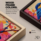 A vibrant impasto oil painting of a colorful bird perched on a branch, featuring bold textured brushstrokes and a lively palette of blues, pinks, and oranges with abstract leaf shapes in the background, capturing the essence of a songbird in nature.