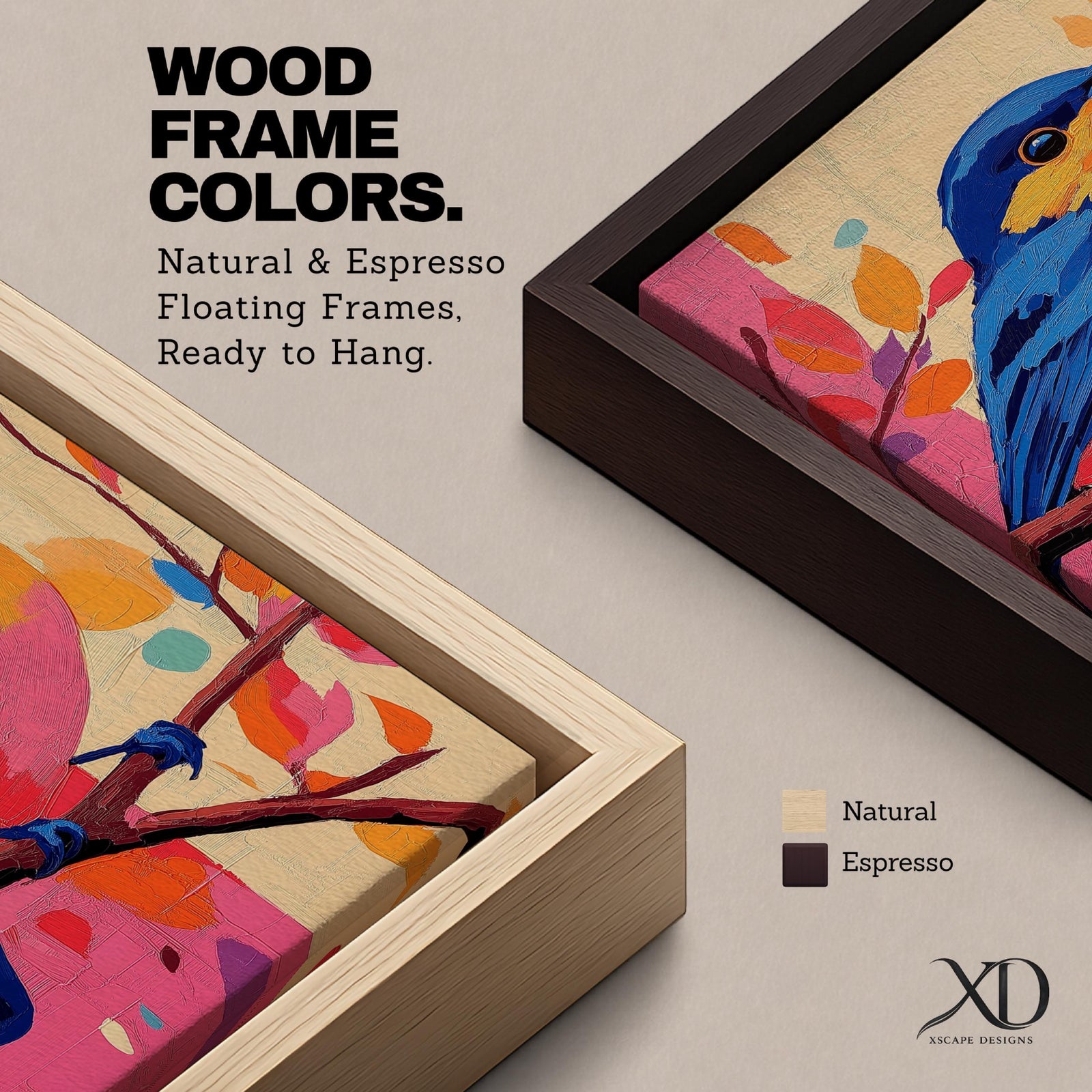 A vibrant impasto oil painting of a colorful bird perched on a branch, featuring bold textured brushstrokes and a lively palette of blues, pinks, and oranges with abstract leaf shapes in the background, capturing the essence of a songbird in nature.