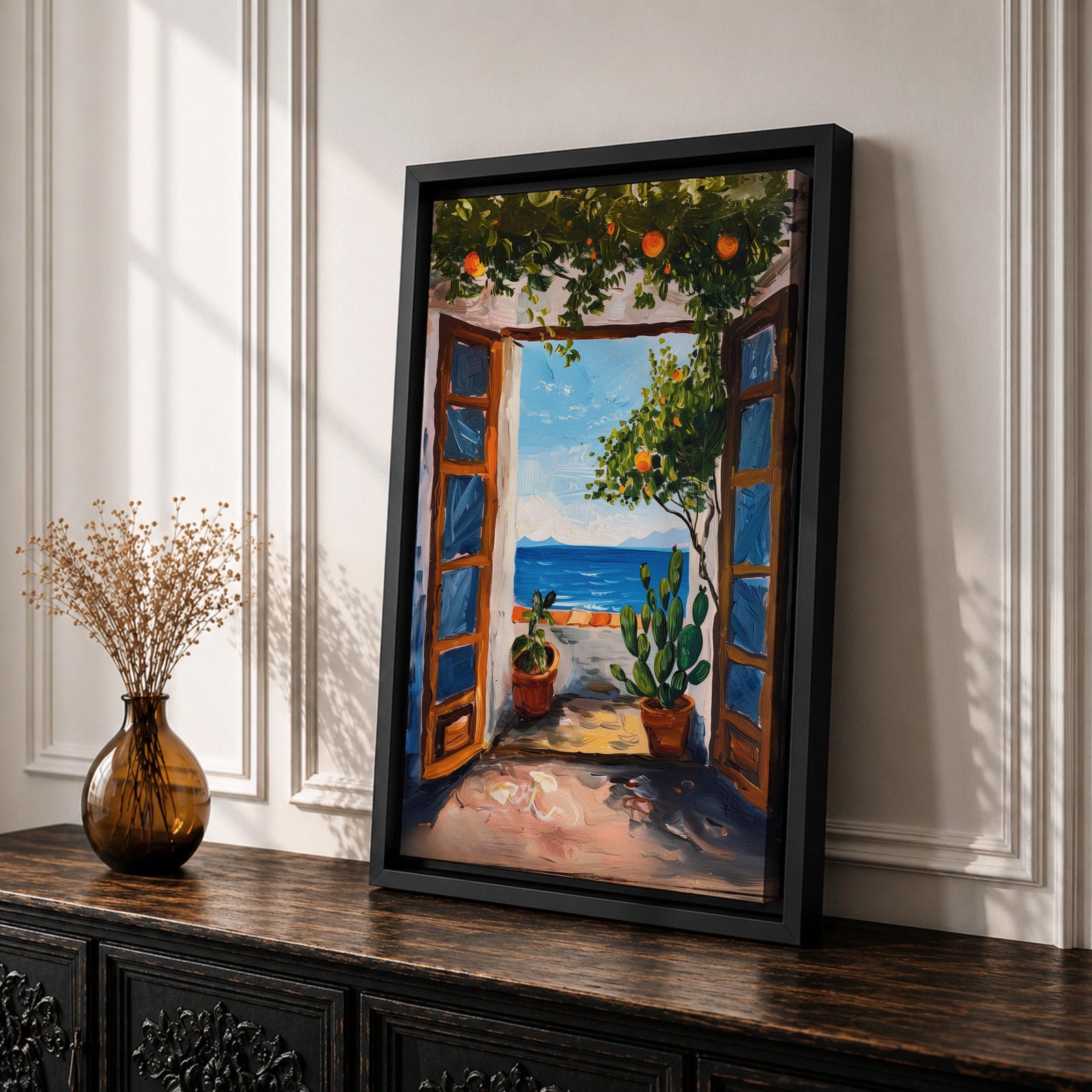 This impasto style painting depicts a Mediterranean window opening to a coastal terrace with potted plants and a vibrant ocean view beyond. The textured brushstrokes emphasize the lush greenery and bright blue sea, capturing a serene landscape scene framed by rustic wooden shutters.