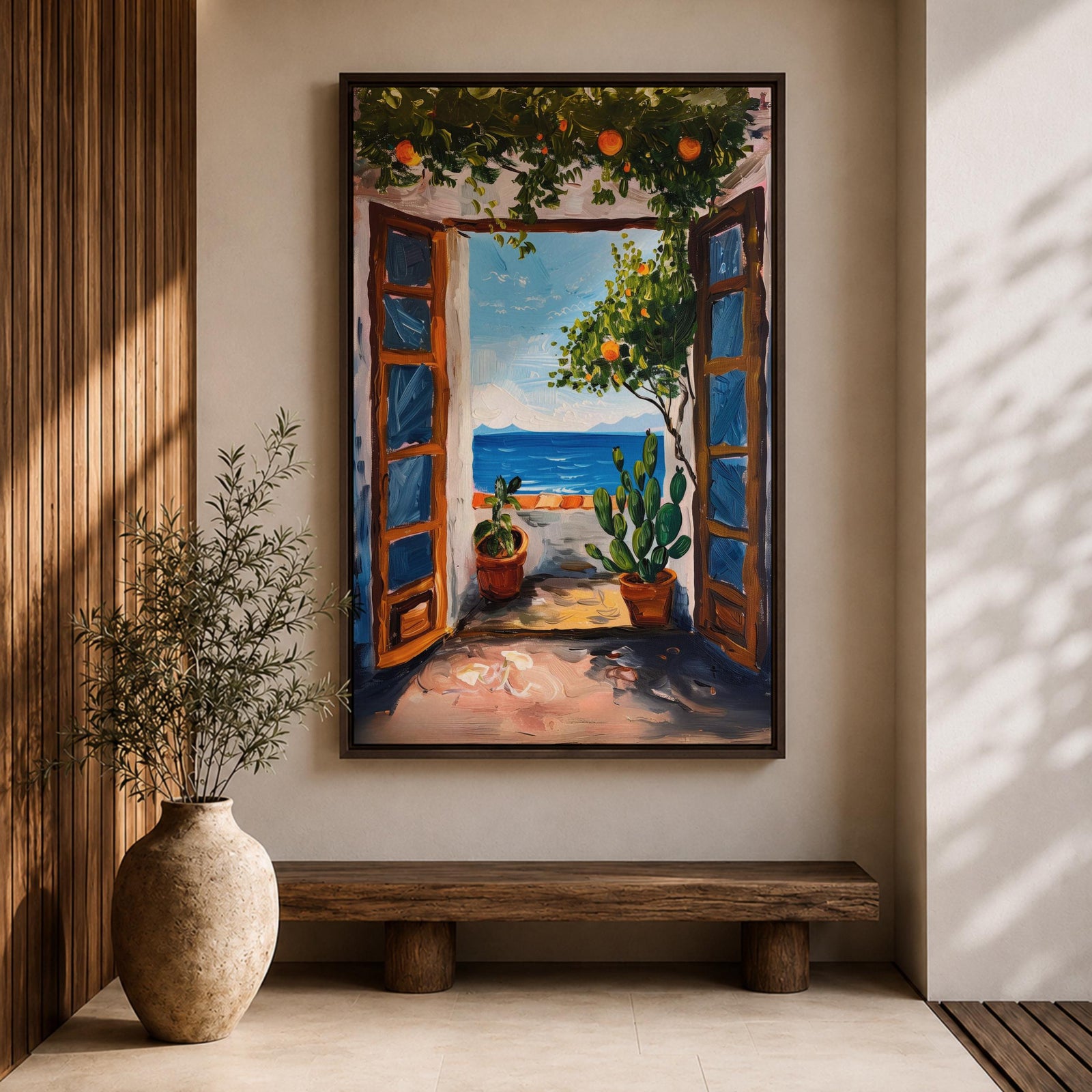 This impasto style painting depicts a Mediterranean window opening to a coastal terrace with potted plants and a vibrant ocean view beyond. The textured brushstrokes emphasize the lush greenery and bright blue sea, capturing a serene landscape scene framed by rustic wooden shutters.