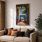 This impasto style painting depicts a Mediterranean window opening to a coastal terrace with potted plants and a vibrant ocean view beyond. The textured brushstrokes emphasize the lush greenery and bright blue sea, capturing a serene landscape scene framed by rustic wooden shutters.