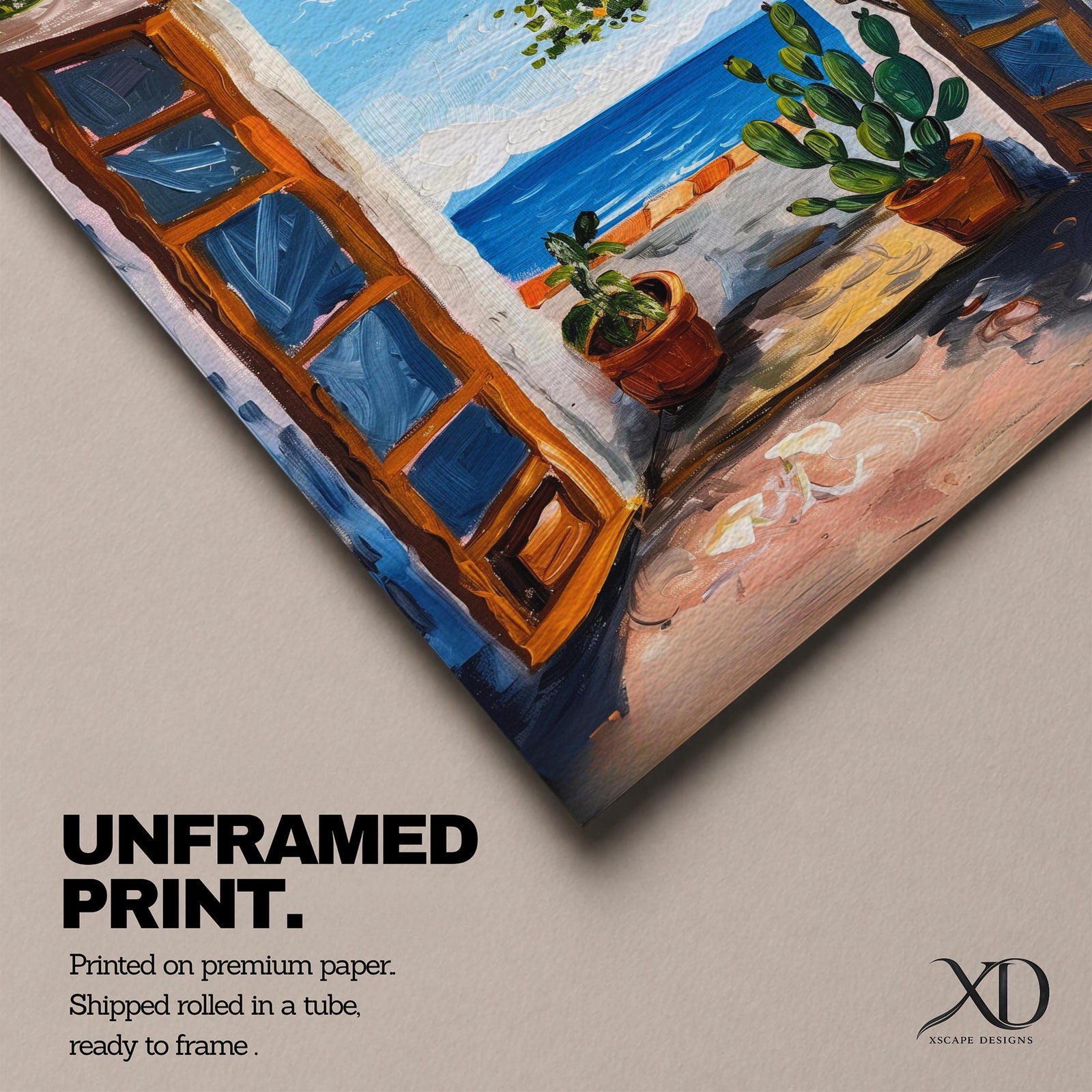 This impasto style painting depicts a Mediterranean window opening to a coastal terrace with potted plants and a vibrant ocean view beyond. The textured brushstrokes emphasize the lush greenery and bright blue sea, capturing a serene landscape scene framed by rustic wooden shutters.