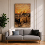 Painting of the Dome of the Rock rising above the historic Jerusalem skyline with its golden dome and surrounding mosque architecture overlooking ancient stone buildings and city walls, set beneath a dramatic swirling sunset sky in a textured painterly style capturing the iconic Al Quds landmark.