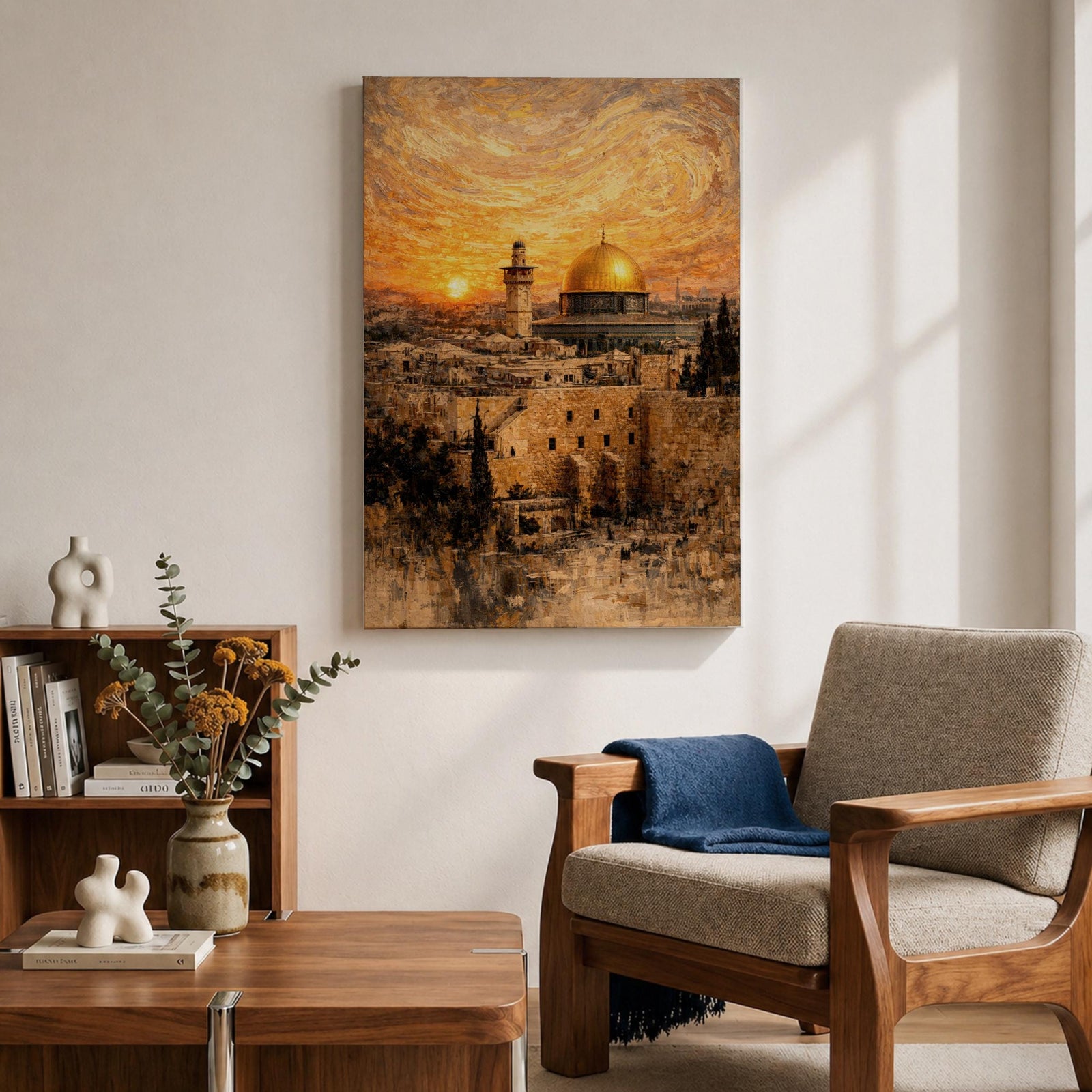 Painting of the Dome of the Rock rising above the historic Jerusalem skyline with its golden dome and surrounding mosque architecture overlooking ancient stone buildings and city walls, set beneath a dramatic swirling sunset sky in a textured painterly style capturing the iconic Al Quds landmark.