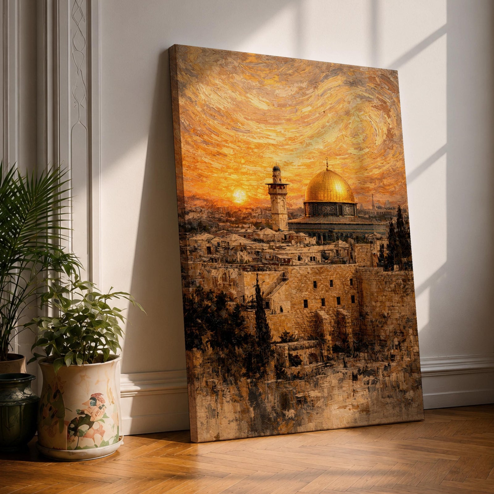 Painting of the Dome of the Rock rising above the historic Jerusalem skyline with its golden dome and surrounding mosque architecture overlooking ancient stone buildings and city walls, set beneath a dramatic swirling sunset sky in a textured painterly style capturing the iconic Al Quds landmark.