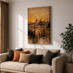 Painting of the Dome of the Rock rising above the historic Jerusalem skyline with its golden dome and surrounding mosque architecture overlooking ancient stone buildings and city walls, set beneath a dramatic swirling sunset sky in a textured painterly style capturing the iconic Al Quds landmark.
