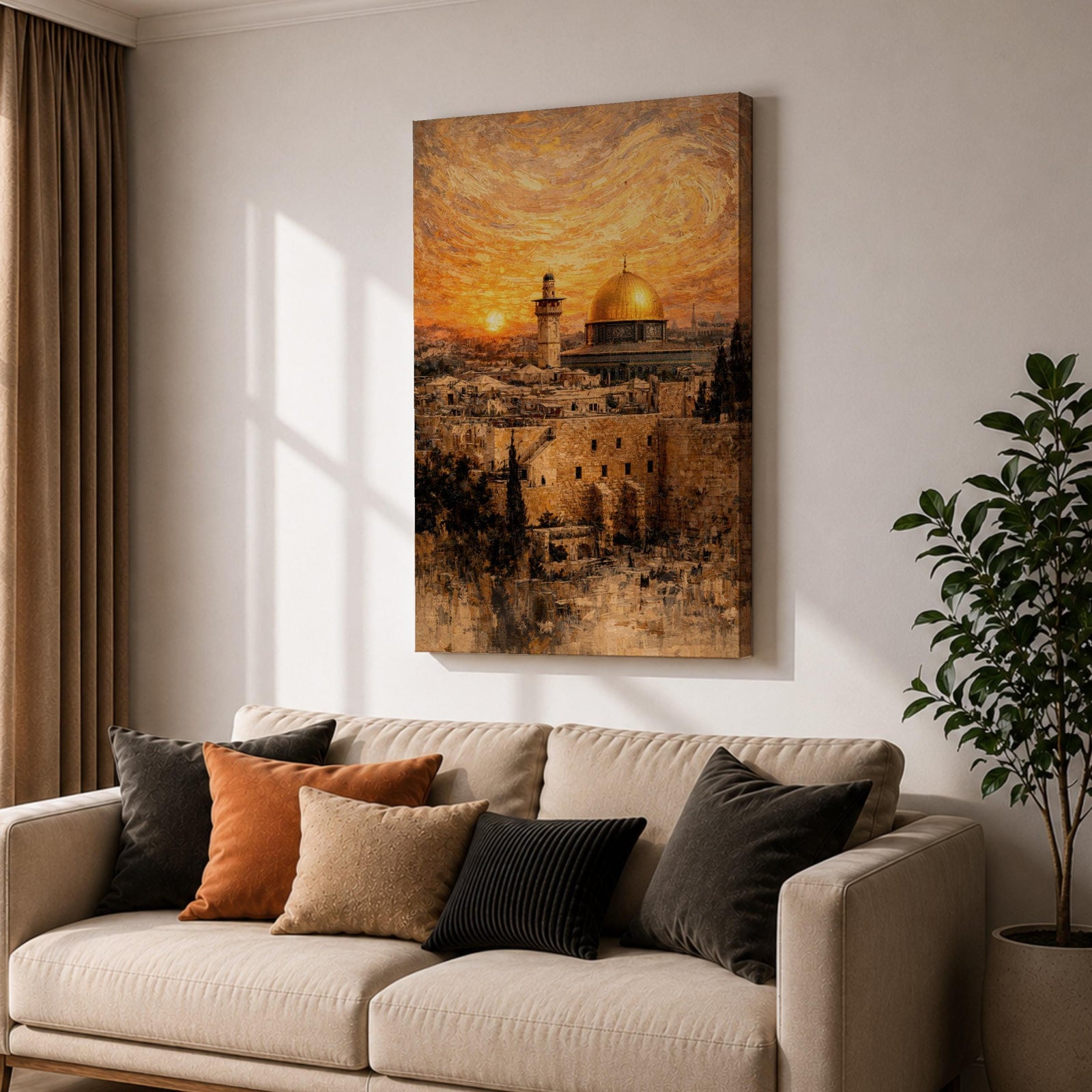 Painting of the Dome of the Rock rising above the historic Jerusalem skyline with its golden dome and surrounding mosque architecture overlooking ancient stone buildings and city walls, set beneath a dramatic swirling sunset sky in a textured painterly style capturing the iconic Al Quds landmark.