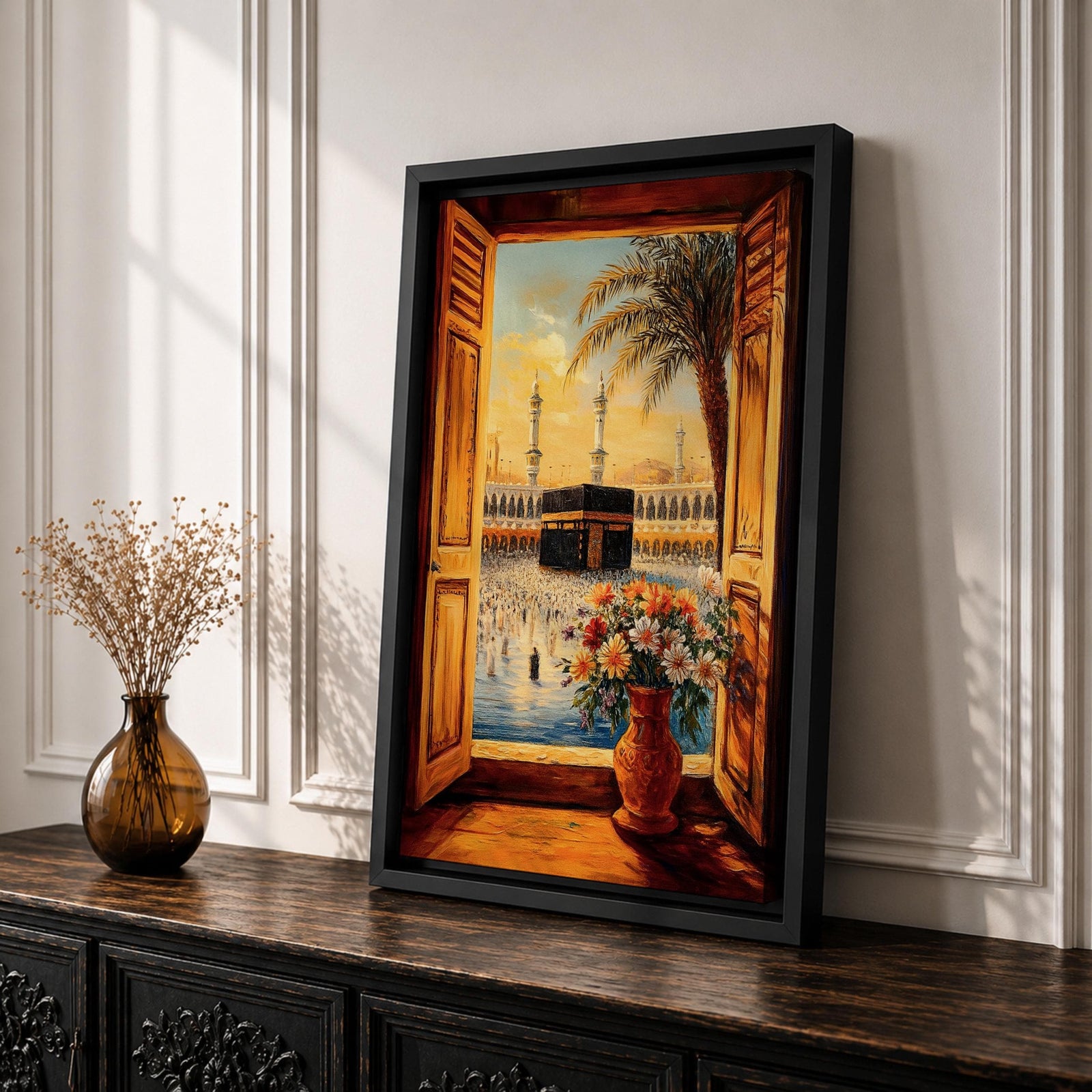 Painting of the Kaaba inside Masjid al Haram seen through open wooden window shutters forming a window view toward the sacred courtyard, with tall mosque minarets rising behind the Kaaba, a palm tree arching across the sky, and a vase of flowers in the foreground overlooking pilgrims gathered around the sanctuary.