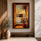 Painting of the Kaaba inside Masjid al Haram seen through open wooden window shutters forming a window view toward the sacred courtyard, with tall mosque minarets rising behind the Kaaba, a palm tree arching across the sky, and a vase of flowers in the foreground overlooking pilgrims gathered around the sanctuary.