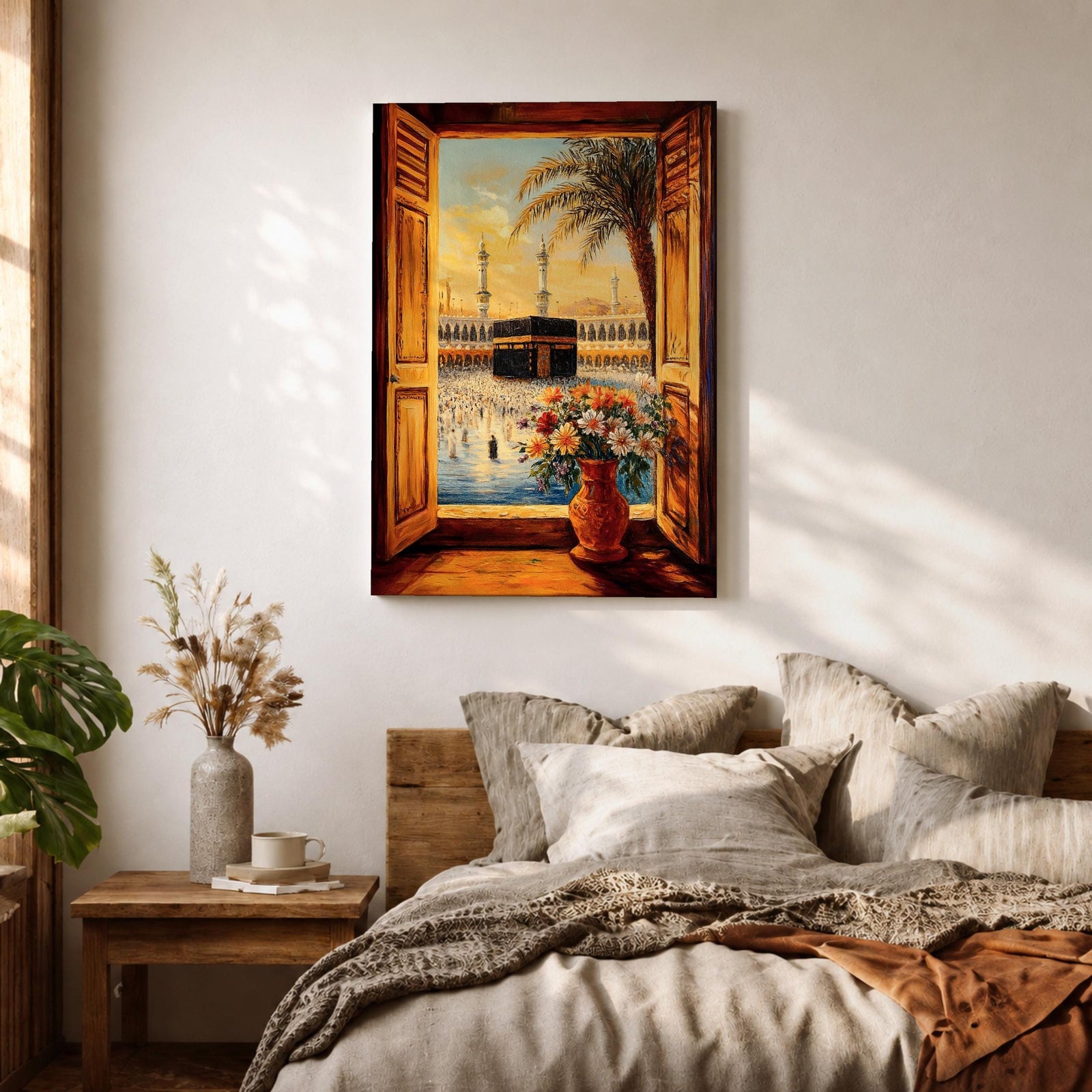 Painting of the Kaaba inside Masjid al Haram seen through open wooden window shutters forming a window view toward the sacred courtyard, with tall mosque minarets rising behind the Kaaba, a palm tree arching across the sky, and a vase of flowers in the foreground overlooking pilgrims gathered around the sanctuary.