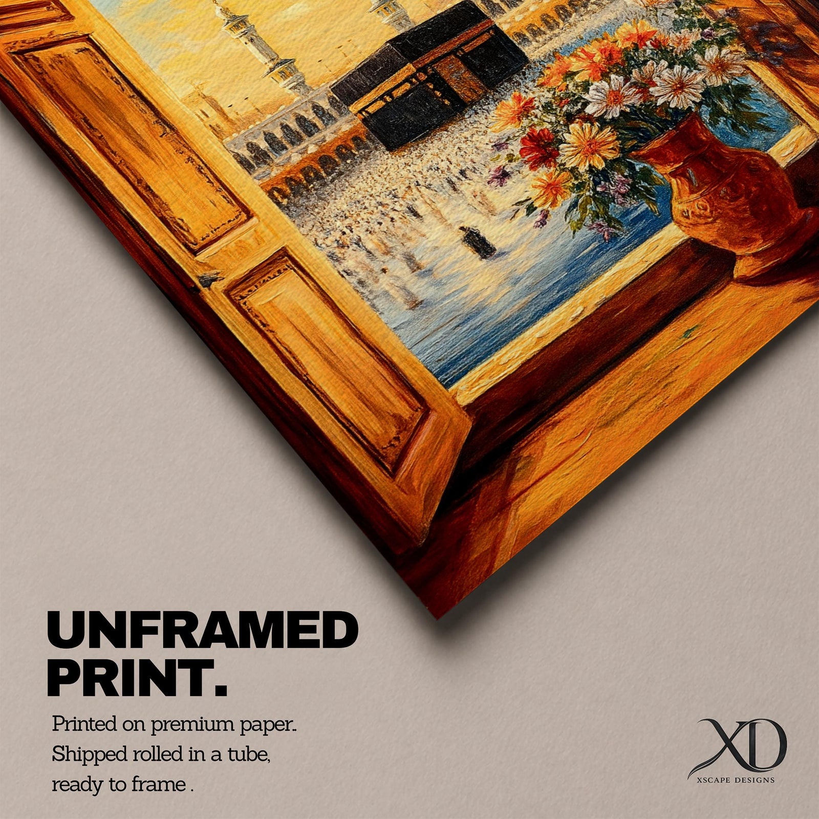Painting of the Kaaba inside Masjid al Haram seen through open wooden window shutters forming a window view toward the sacred courtyard, with tall mosque minarets rising behind the Kaaba, a palm tree arching across the sky, and a vase of flowers in the foreground overlooking pilgrims gathered around the sanctuary.