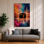 Abstract painting of the Kaaba centered in the Masjid al Haram courtyard with tall mosque minarets rising behind the sacred cube, reflected across the polished ground surface while expressive colorful textures fill the sky, blending recognizable Mecca mosque architecture with modern abstract composition.