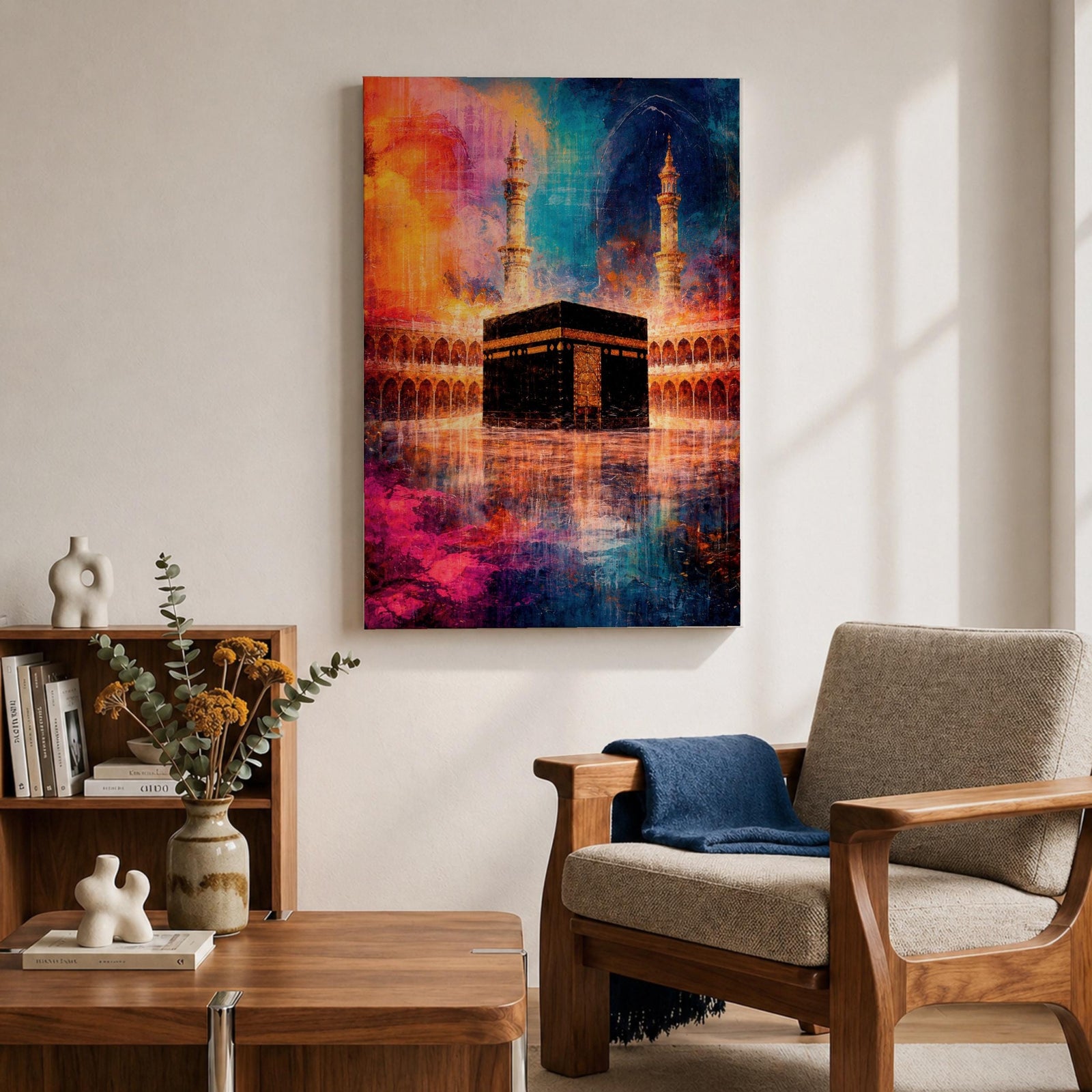 Abstract painting of the Kaaba centered in the Masjid al Haram courtyard with tall mosque minarets rising behind the sacred cube, reflected across the polished ground surface while expressive colorful textures fill the sky, blending recognizable Mecca mosque architecture with modern abstract composition.