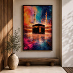 Abstract painting of the Kaaba centered in the Masjid al Haram courtyard with tall mosque minarets rising behind the sacred cube, reflected across the polished ground surface while expressive colorful textures fill the sky, blending recognizable Mecca mosque architecture with modern abstract composition.