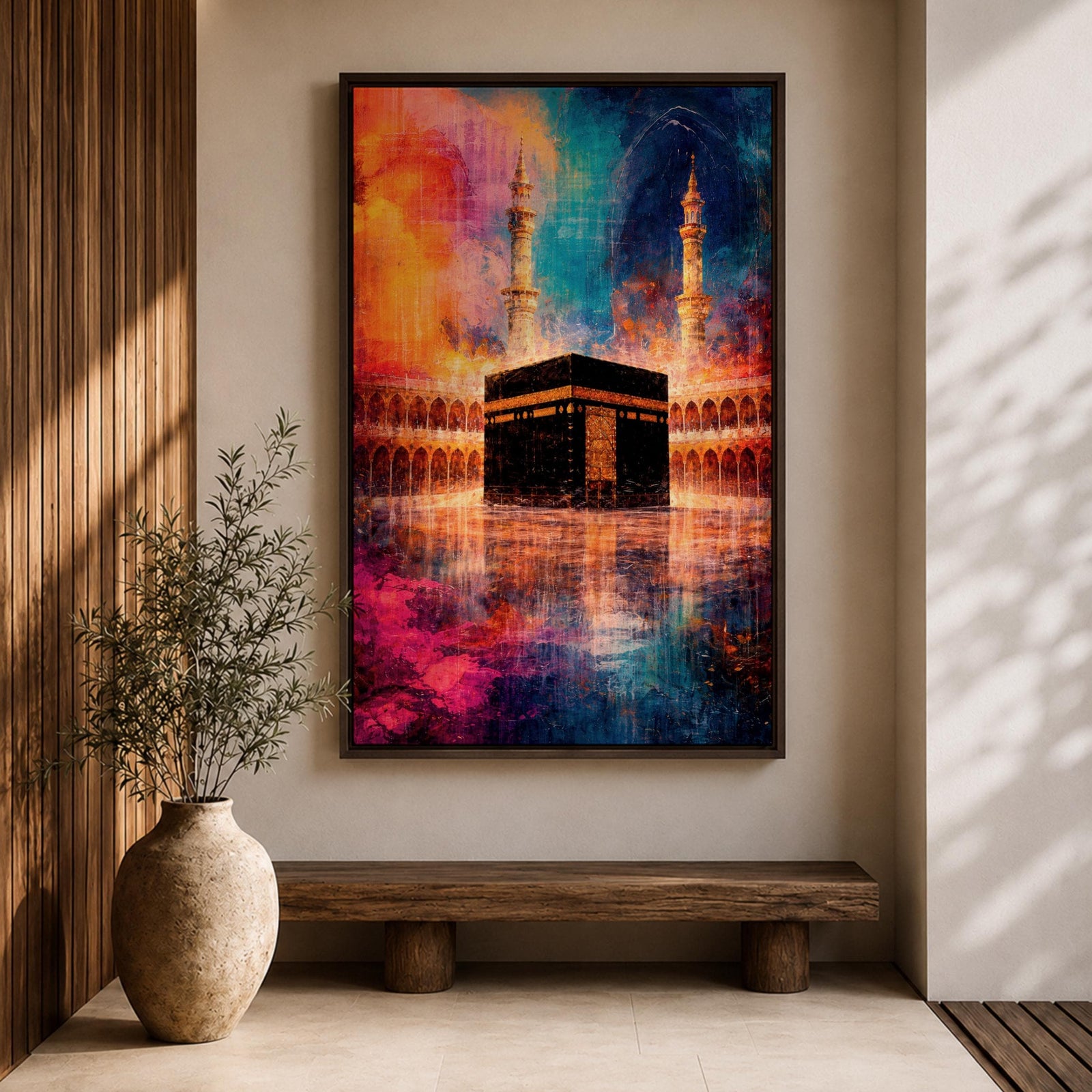 Abstract painting of the Kaaba centered in the Masjid al Haram courtyard with tall mosque minarets rising behind the sacred cube, reflected across the polished ground surface while expressive colorful textures fill the sky, blending recognizable Mecca mosque architecture with modern abstract composition.
