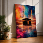 Abstract painting of the Kaaba centered in the Masjid al Haram courtyard with tall mosque minarets rising behind the sacred cube, reflected across the polished ground surface while expressive colorful textures fill the sky, blending recognizable Mecca mosque architecture with modern abstract composition.