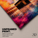 Abstract painting of the Kaaba centered in the Masjid al Haram courtyard with tall mosque minarets rising behind the sacred cube, reflected across the polished ground surface while expressive colorful textures fill the sky, blending recognizable Mecca mosque architecture with modern abstract composition.