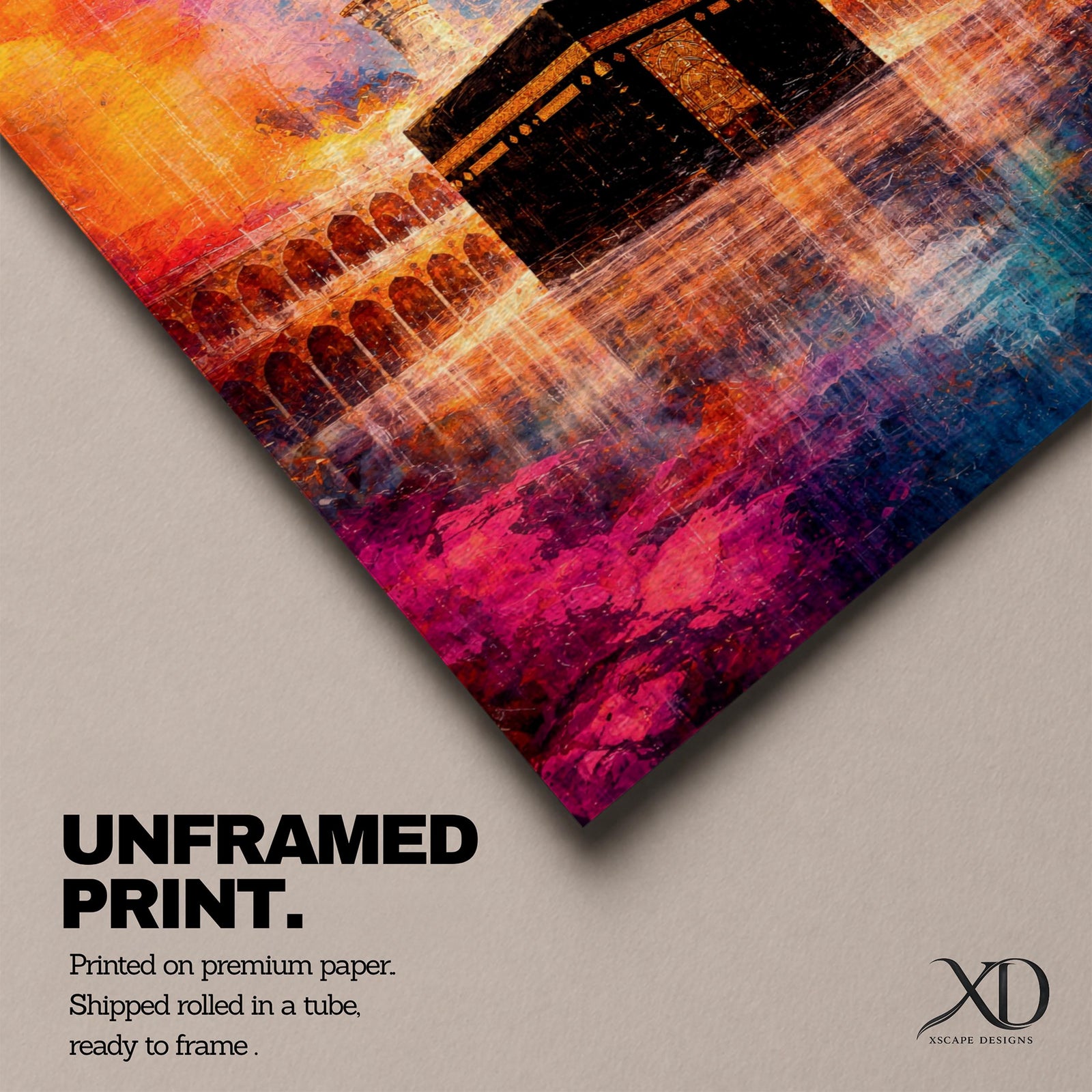 Abstract painting of the Kaaba centered in the Masjid al Haram courtyard with tall mosque minarets rising behind the sacred cube, reflected across the polished ground surface while expressive colorful textures fill the sky, blending recognizable Mecca mosque architecture with modern abstract composition.