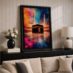 Abstract painting of the Kaaba centered in the Masjid al Haram courtyard with tall mosque minarets rising behind the sacred cube, reflected across the polished ground surface while expressive colorful textures fill the sky, blending recognizable Mecca mosque architecture with modern abstract composition.