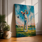 Elevate your space with this Golf Wall Art, featuring a golfer captured mid-swing in a vibrant impressionist painting. Bold palette knife textures, brilliant blue skies, and a scenic golf course create a striking canvas print for golf clubhouses, offices, and golf lovers.