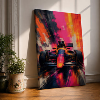 Ignite your passion for motorsport with this Formula One Wall Art, featuring a race car charging forward in a vibrant abstract painting. Bold neon colors, expressive brushstrokes, and dramatic motion make this canvas print a striking centerpiece for man caves, racing rooms, and automotive-inspired spaces.