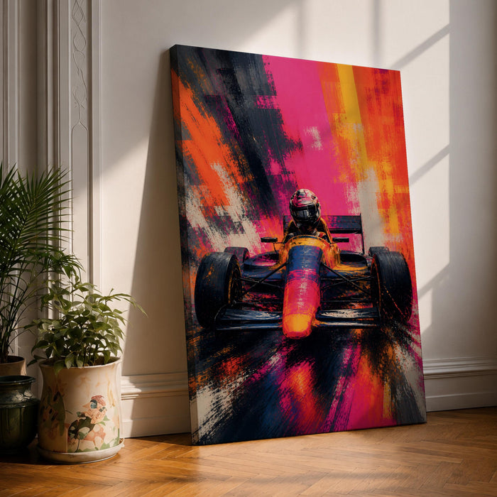 Ignite your passion for motorsport with this Formula One Wall Art, featuring a race car charging forward in a vibrant abstract painting. Bold neon colors, expressive brushstrokes, and dramatic motion make this canvas print a striking centerpiece for man caves, racing rooms, and automotive-inspired spaces.