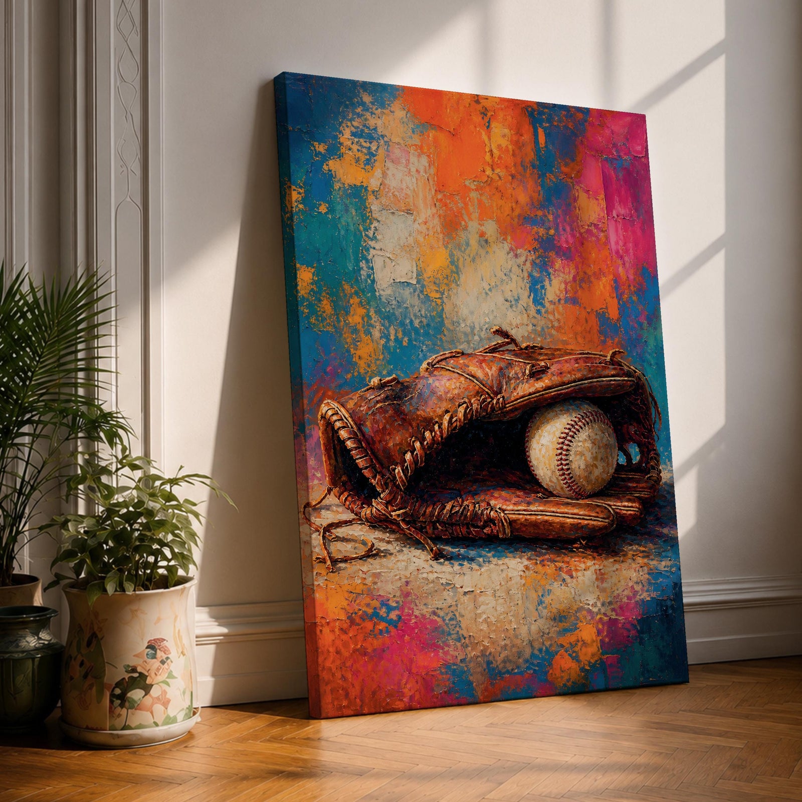 Bring the spirit of the game home with this Baseball Glove Wall Art, featuring a vintage leather glove and baseball against a vibrant abstract background. Rich textures and bold colors create a striking canvas print that's perfect for sports rooms, man caves, offices, and game rooms.