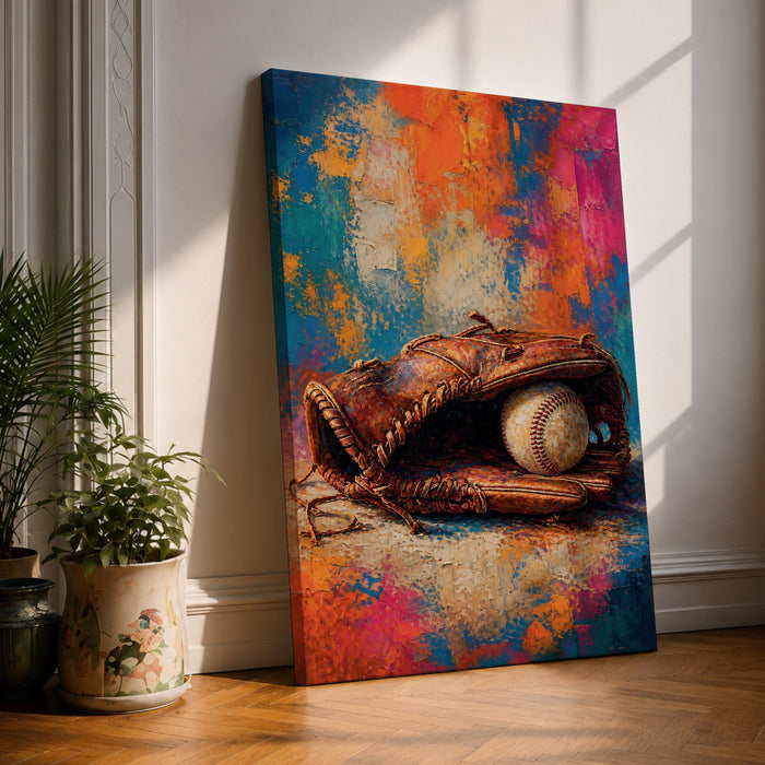 Bring the spirit of the game home with this Baseball Glove Wall Art, featuring a vintage leather glove and baseball against a vibrant abstract background. Rich textures and bold colors create a striking canvas print that's perfect for sports rooms, man caves, offices, and game rooms.