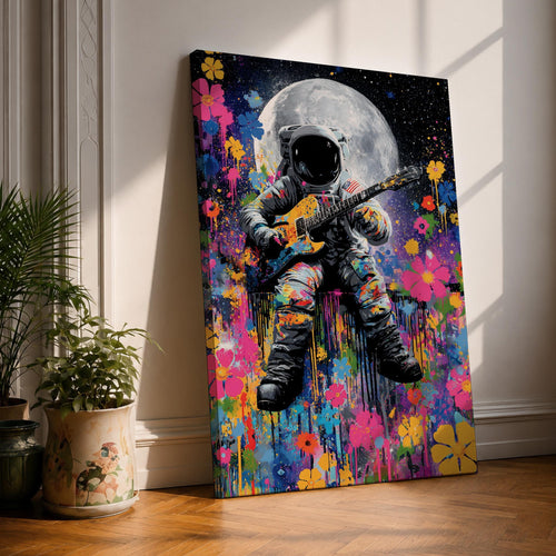 Colorful pop art painting of an astronaut playing an electric guitar with a large moon in the background, surrounded by vibrant splashes and floral patterns, set against a starry night sky.