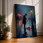 Saxophone wall art featuring a lone jazz musician performing beneath a glowing streetlamp on a rainy evening. Rich navy blue tones, warm reflections, and expressive impressionist brushwork create a romantic city atmosphere, making this music-inspired canvas print ideal for jazz lovers, musicians, living rooms, lounges, and sophisticated interiors.