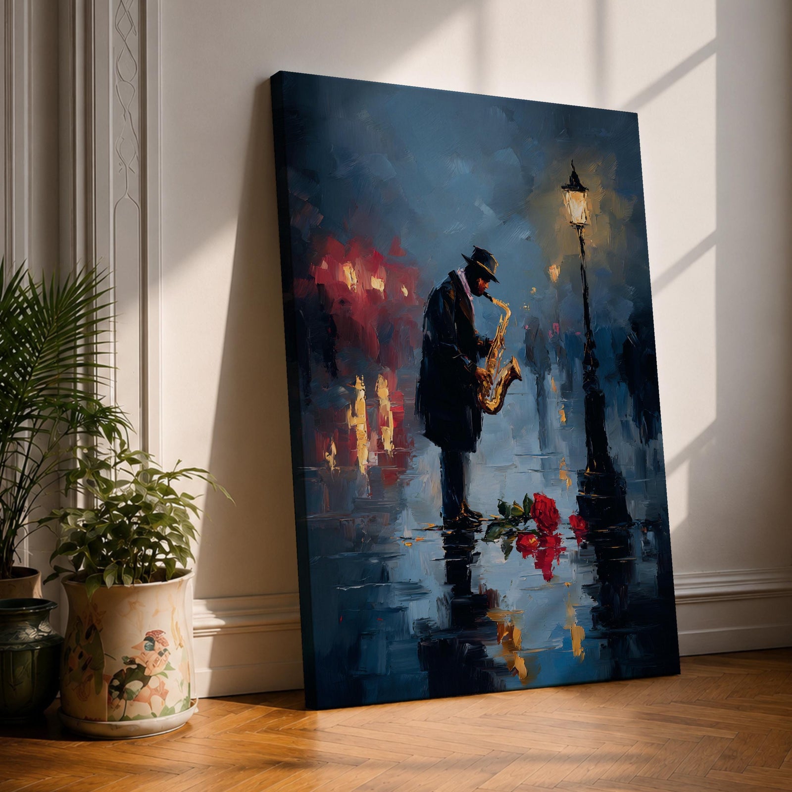 Saxophone wall art featuring a lone jazz musician performing beneath a glowing streetlamp on a rainy evening. Rich navy blue tones, warm reflections, and expressive impressionist brushwork create a romantic city atmosphere, making this music-inspired canvas print ideal for jazz lovers, musicians, living rooms, lounges, and sophisticated interiors.