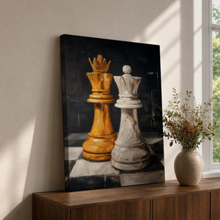 Make a bold statement with this King and Queen Chess Wall Art, featuring striking gold and white chess pieces in a modern abstract painting. The dramatic dark background and rich textured brushstrokes create a sophisticated focal point for offices, game rooms, studies, and contemporary living spaces.