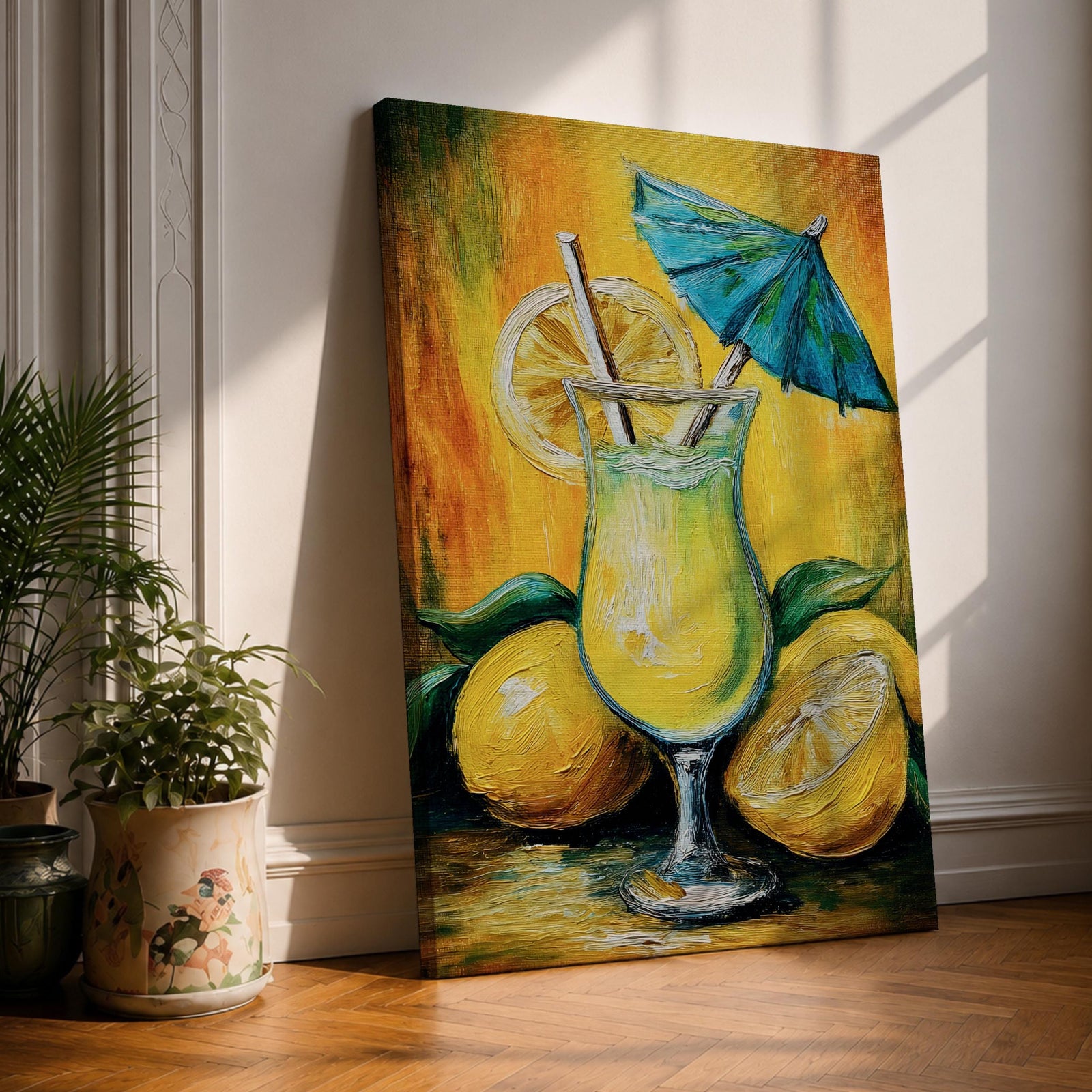 Vibrant lemon cocktail wall art featuring a refreshing citrus drink in a stemmed glass with lemon slices, a straw, and a blue cocktail umbrella. This abstract impasto-style painting uses bright yellow, green, and blue tones, creating a cheerful tropical atmosphere for kitchens, dining rooms, bars, and entertaining spaces.