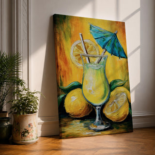 Vibrant lemon cocktail wall art featuring a refreshing citrus drink in a stemmed glass with lemon slices, a straw, and a blue cocktail umbrella. This abstract impasto-style painting uses bright yellow, green, and blue tones, creating a cheerful tropical atmosphere for kitchens, dining rooms, bars, and entertaining spaces.